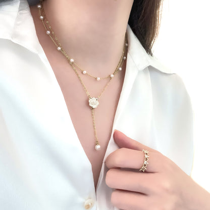 Pearly Rose Layered Necklace (Gold)