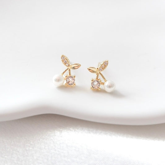 Cherry Pearls Stud Earrings (Gold)